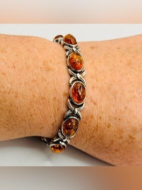 VTG Women's Amber Cabochon Sterling-Silver 925 Bracelet - Baltic Honey Amber